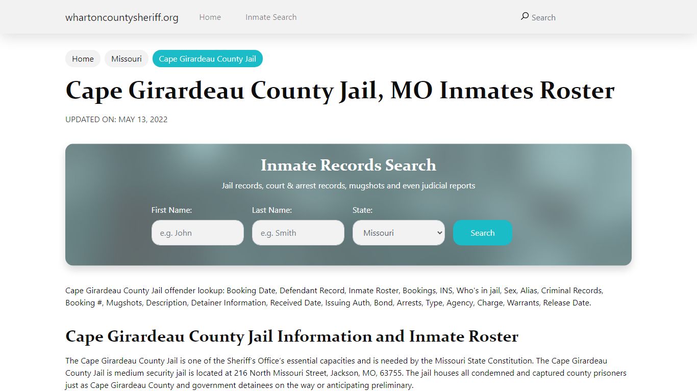 Cape Girardeau County Jail, MO Jail Roster, Name Search